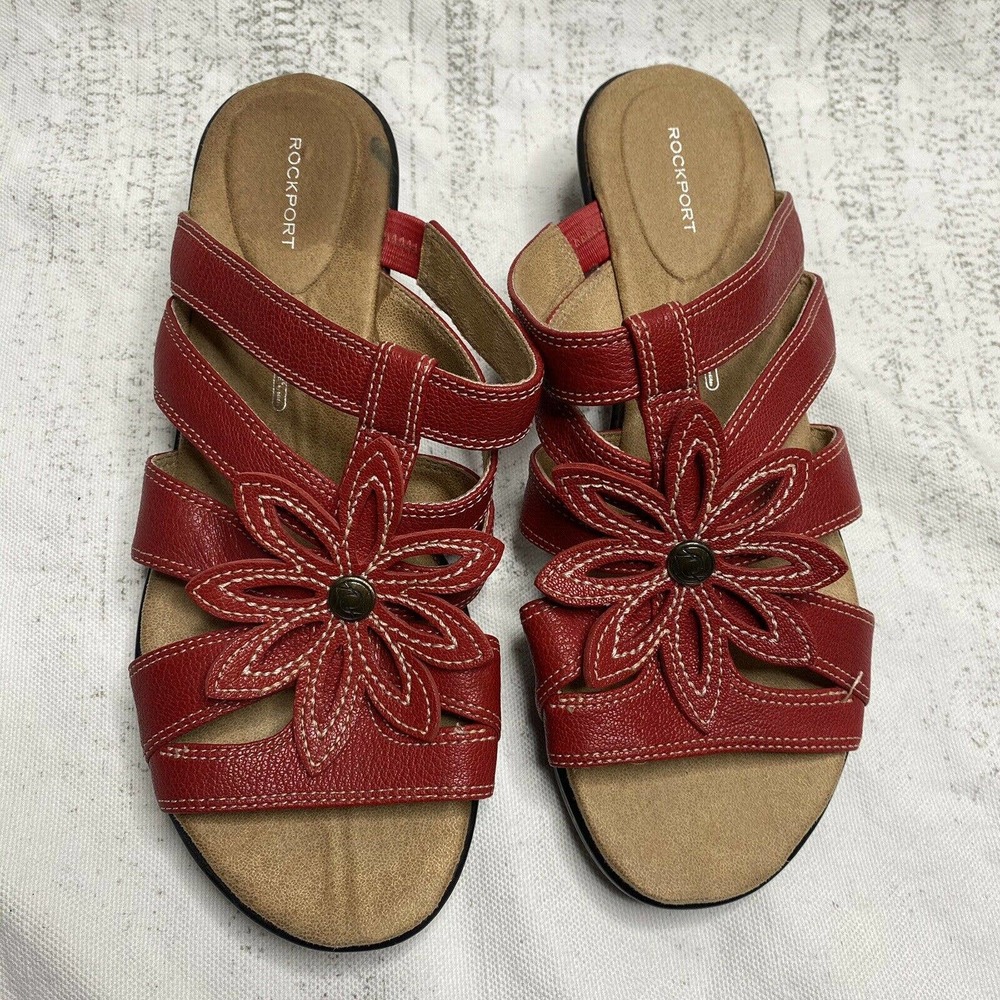 Rockport Grain Leather Floral Slides Wedge Sandals